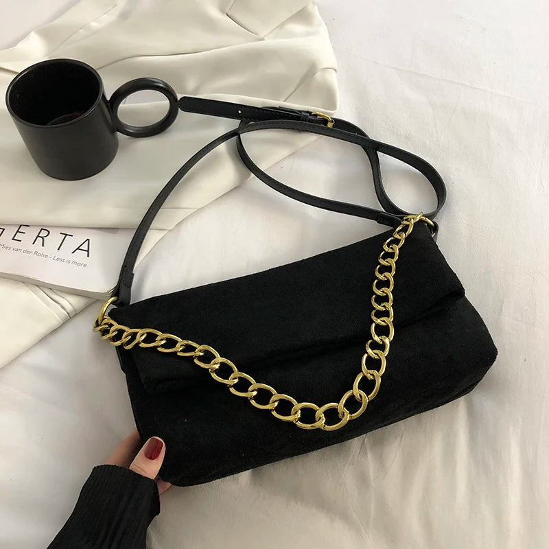 Vintage Suede Crossbody Bag with Chain Strap