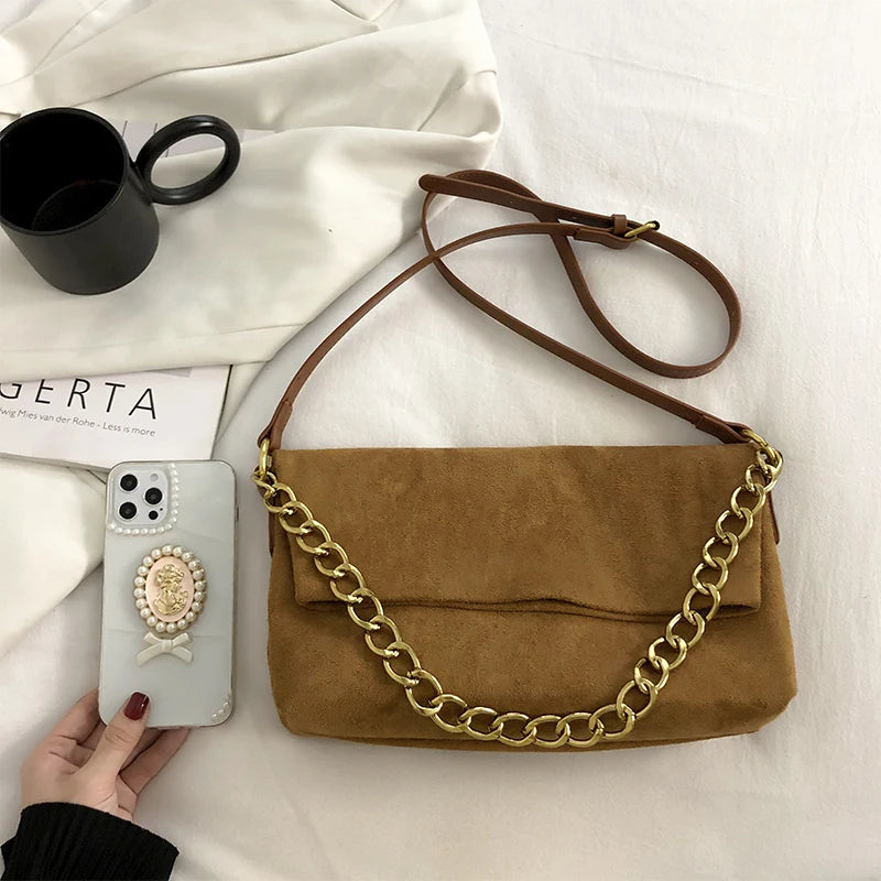 Vintage Suede Crossbody Bag with Chain Strap