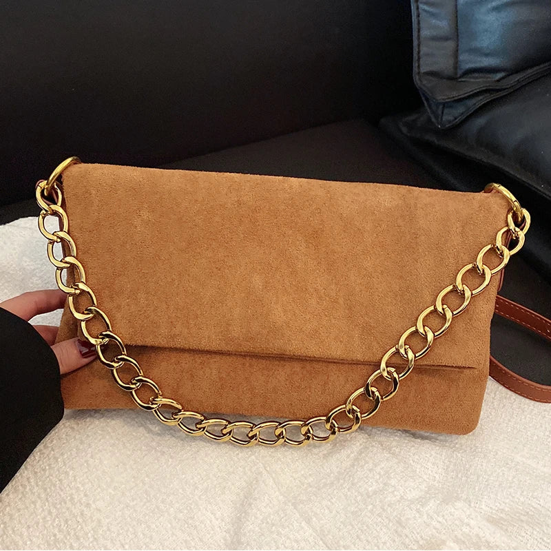 Vintage Suede Crossbody Bag with Chain Strap