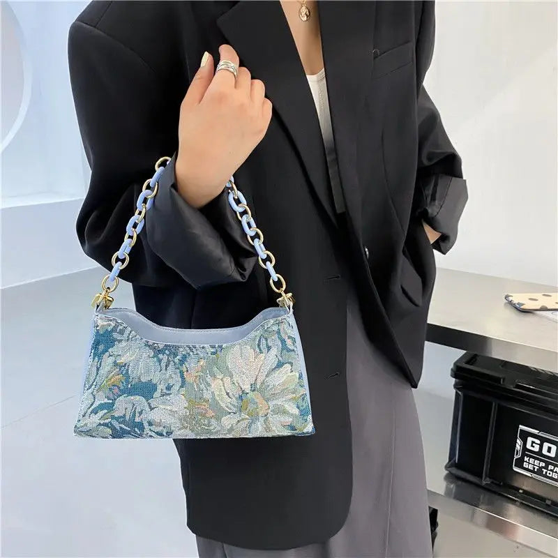 Vintage Floral Shoulder Bags Texture Chain Handbags Ladies All-match Canvas Bag
