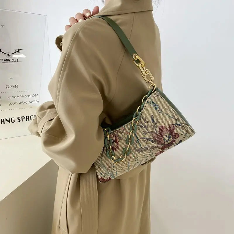 Vintage Floral Shoulder Bags Texture Chain Handbags Ladies All-match Canvas Bag