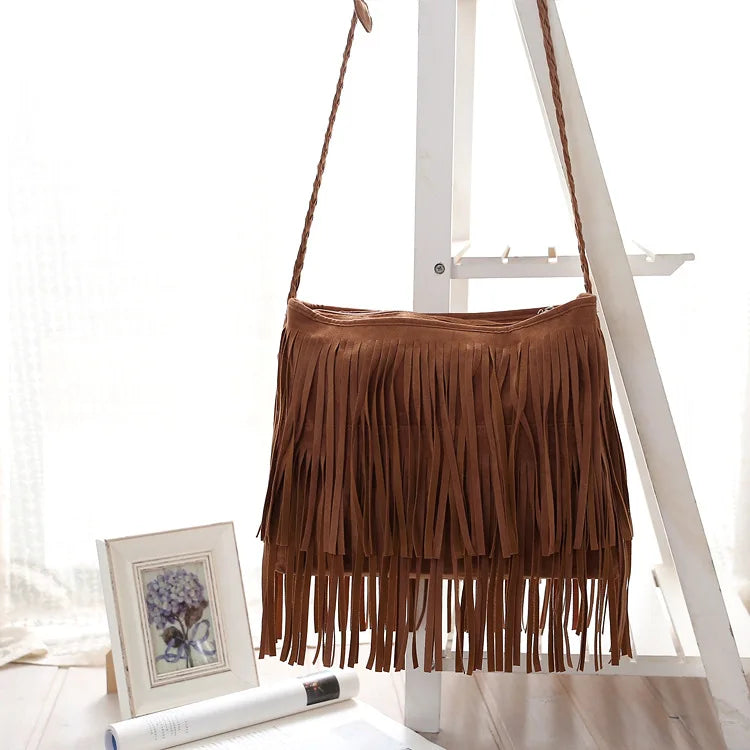 Frosted PU Leather Fringe Tassel Women Handbag