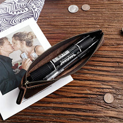 Vintage Leather Pen Bag Long Zipper Pencil Case Holder Kids Stationery
