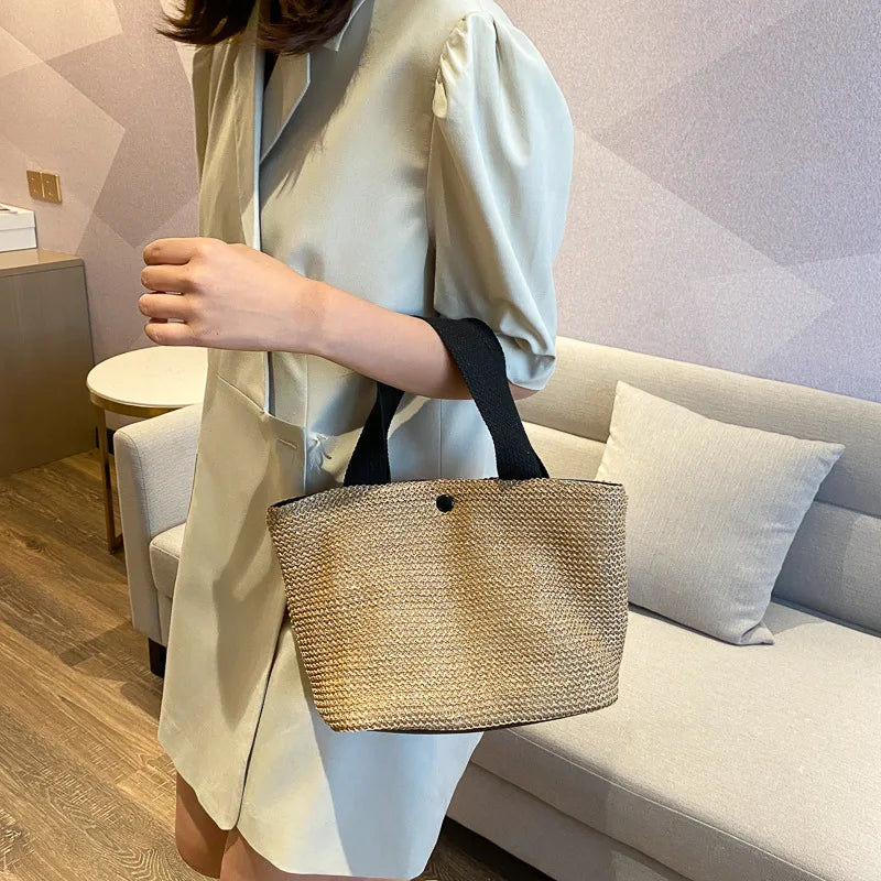 Vintage Hand-woven Women's Straw Handbag PU Stitching Beach Bag