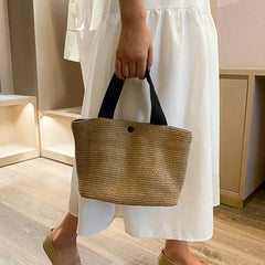 Vintage Hand-woven Women's Straw Handbag PU Stitching Beach Bag