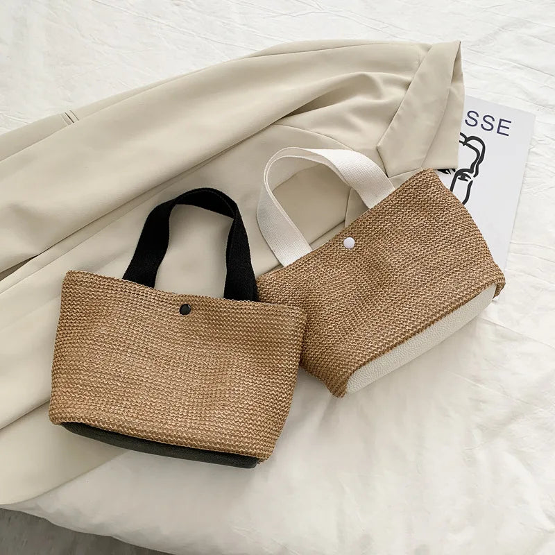 Vintage Hand-woven Women's Straw Handbag PU Stitching Beach Bag