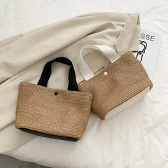 Vintage Hand-woven Women's Straw Handbag PU Stitching Beach Bag