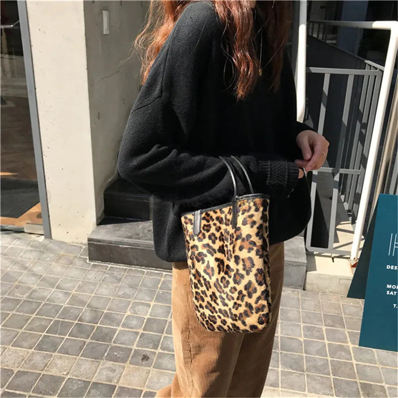 Leopard Pattern Women Shoulder Bags Faux Fur Small Purse Handbags