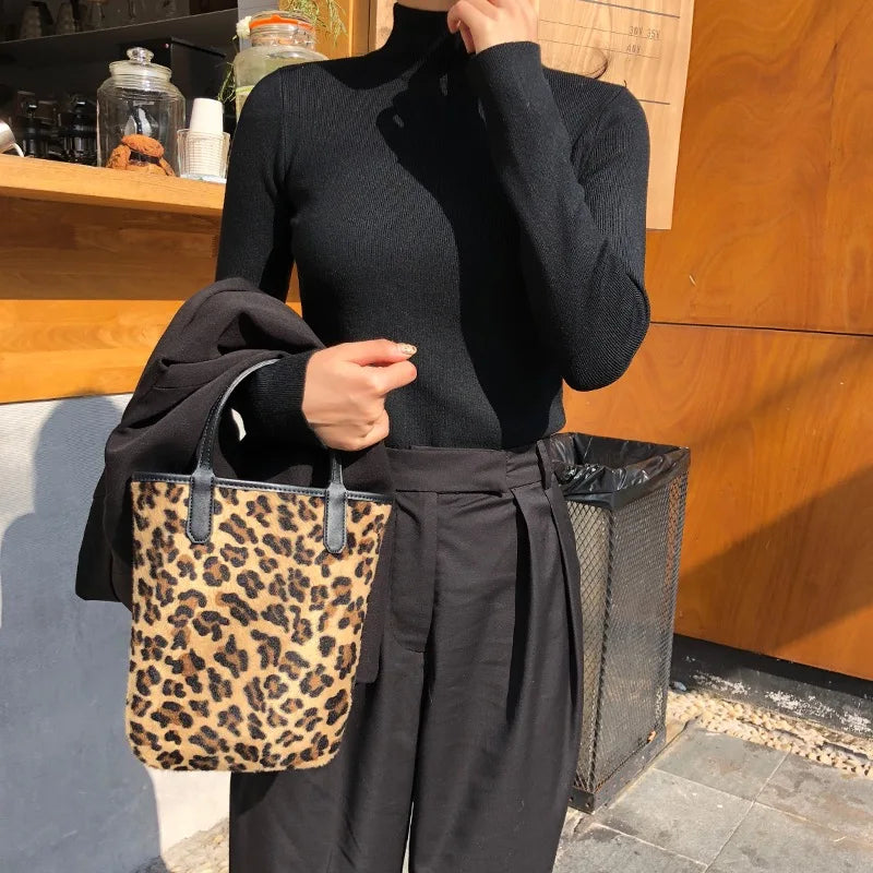 Leopard Pattern Women Shoulder Bags Faux Fur Small Purse Handbags