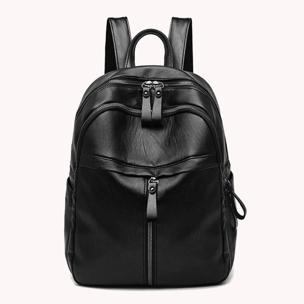 Vintage PU Leather Women Shopping Backpack Solid Student Large Capacity School B