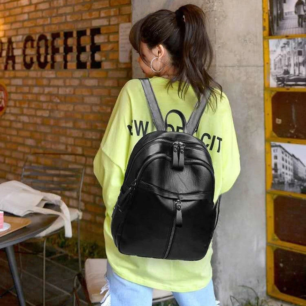 Vintage PU Leather Women Shopping Backpack Solid Student Large Capacity School B