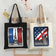 Vintage Paris London Amsterdam York Tokyo Berlin Stamp Women Canvas Shoulder Han