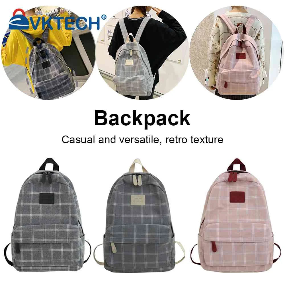 Vintage Plaid Canvas Backpack Adjustable Strap Rucksack
