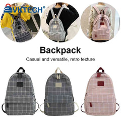 Vintage Plaid Canvas Backpack Adjustable Strap Rucksack