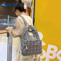 Vintage Plaid Canvas Backpack Adjustable Strap Rucksack