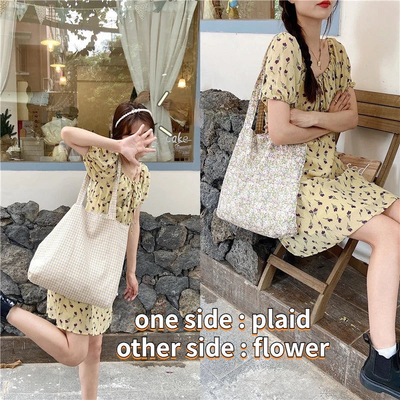 Vintage Plaid Floral Double-Sided Women's Tote Bag