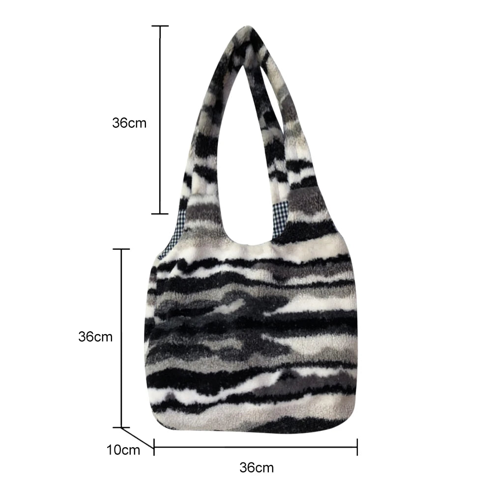 Vintage Plush Women's Shoulder Bag Sea Ink Pattern Faux Fur Handbag