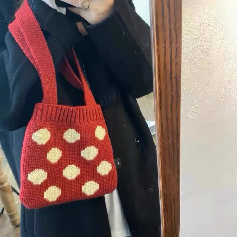 Vintage Red Shoulder Bags Women Ins Dot Knitting Totes Stylish Portable Handbag
