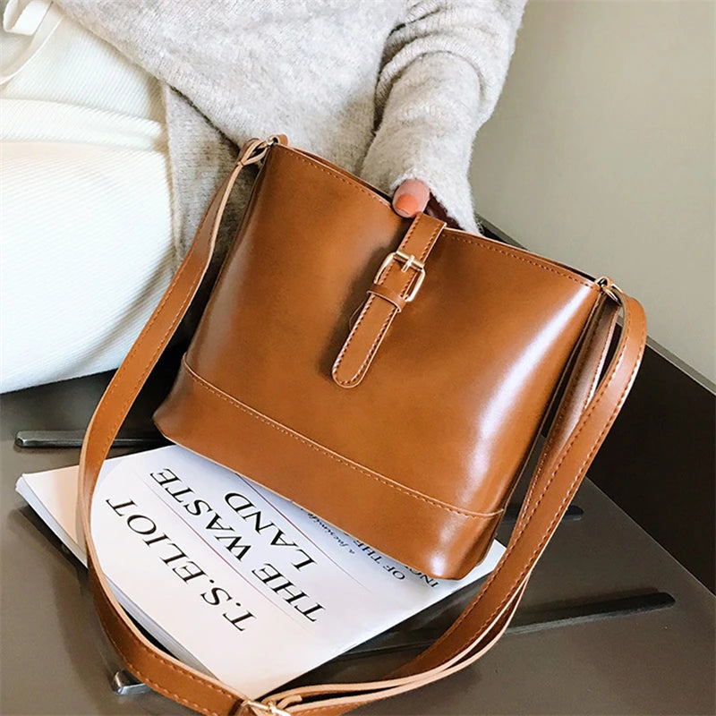 Vintage PU Leather Bucket Crossbody Bags for Women Lady Shoulder Bags