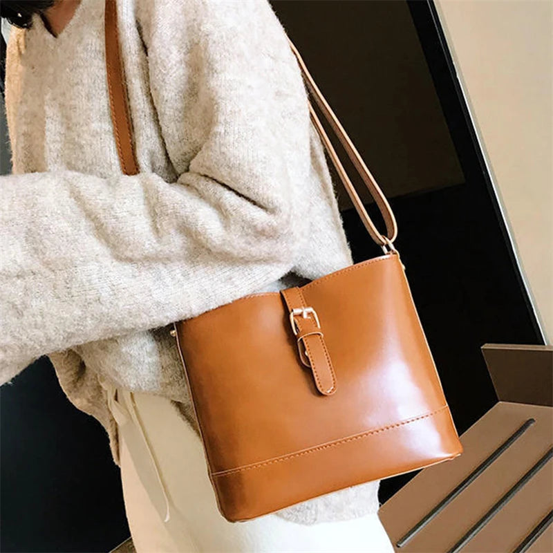 Vintage PU Leather Bucket Crossbody Bags for Women Lady Shoulder Bags