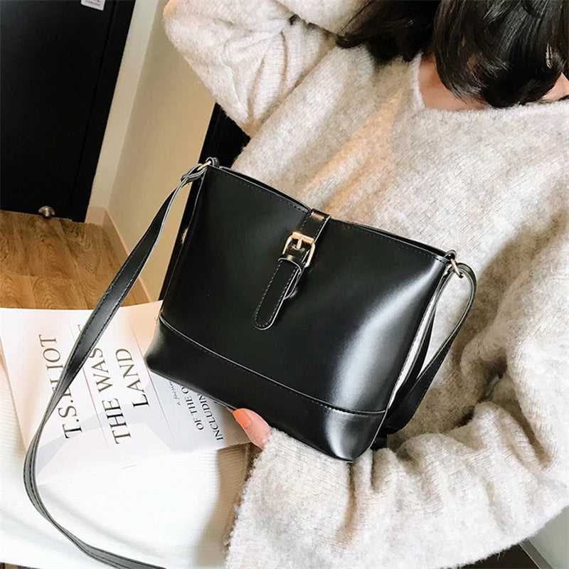Vintage PU Leather Bucket Crossbody Bags for Women Lady Shoulder Bags