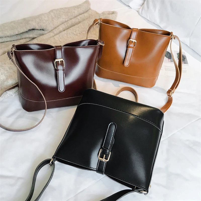 Vintage PU Leather Bucket Crossbody Bags for Women Lady Shoulder Bags
