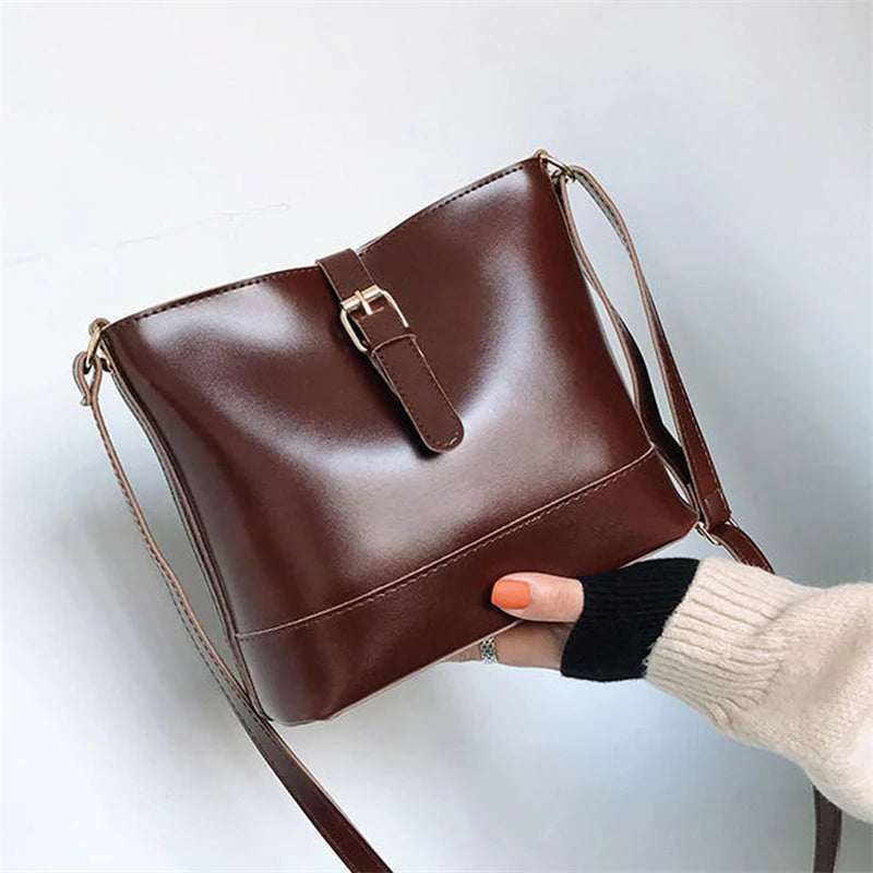 Vintage PU Leather Bucket Crossbody Bags for Women Lady Shoulder Bags