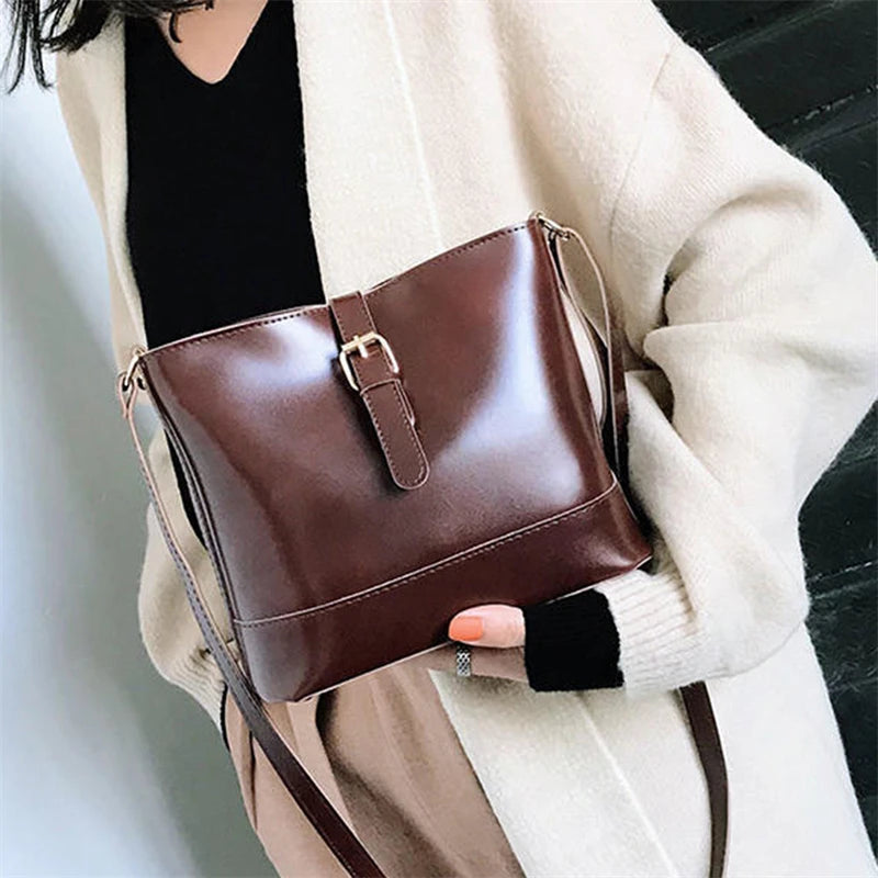 Vintage PU Leather Bucket Crossbody Bags for Women Lady Shoulder Bags