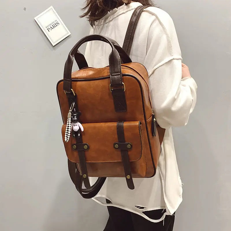 Vintage Waterproof Leather Backpack Large Capacity Women Canvas Travel Bag