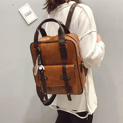 Vintage Waterproof Leather Backpack Large Capacity Women Canvas Travel Bag