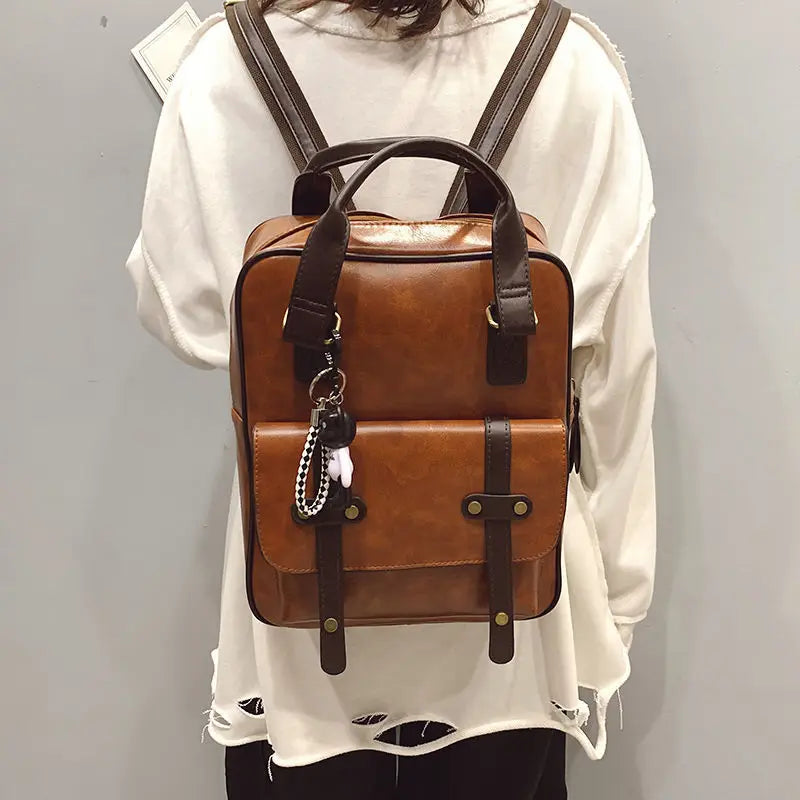 Vintage Waterproof Leather Backpack Large Capacity Women Canvas Travel Bag