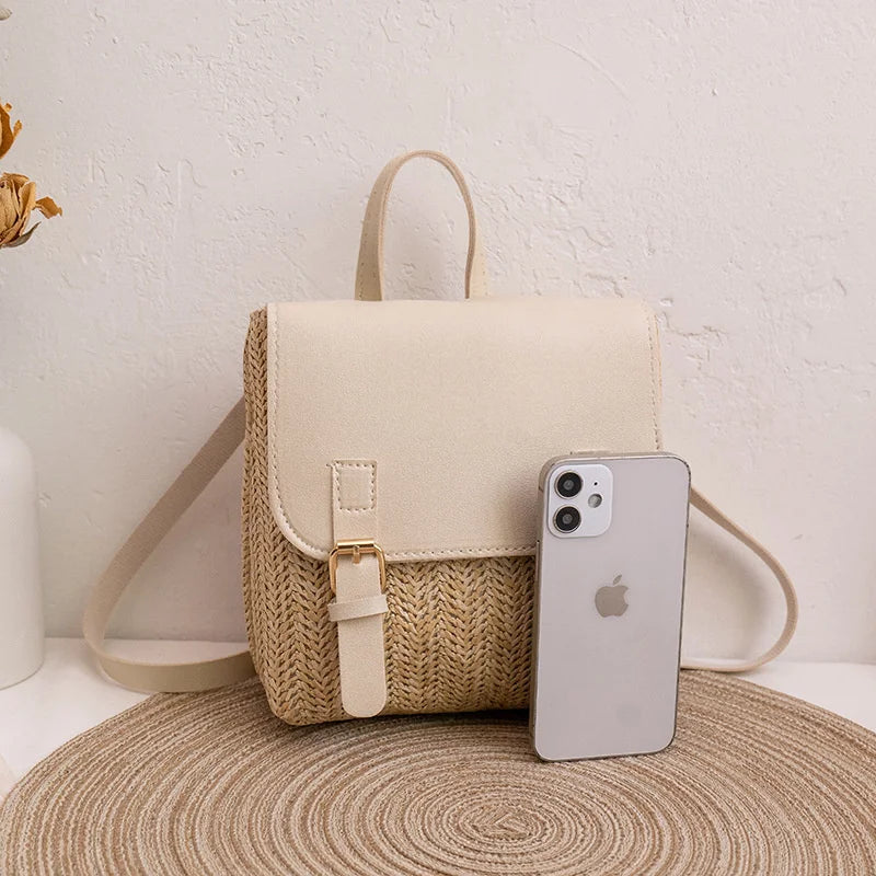 Vintage Straw Backpack Women Mini Shoulder Bag Straw Woven PU Leather