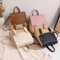 Vintage Straw Backpack Women's Shoulder Bag with PU Leather