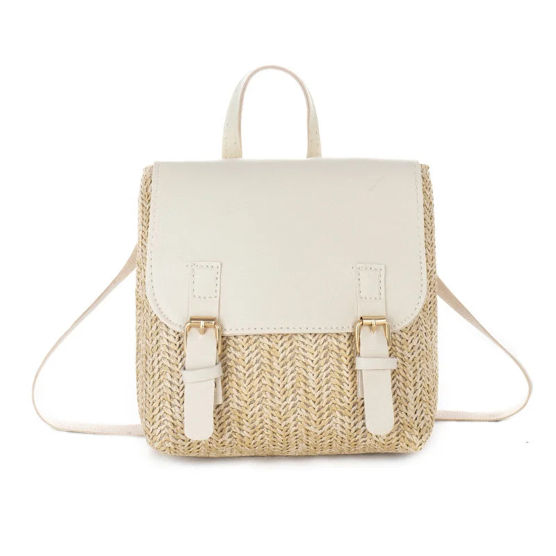Vintage Straw Backpack Women's Shoulder Bag with PU Leather