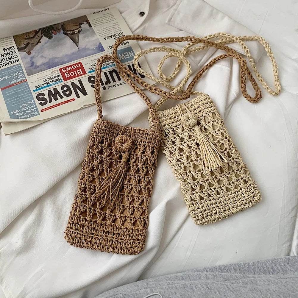 Vintage Straw Crossbody Phone Bag Women Small Purse Ladies Single Shoulder Pouch
