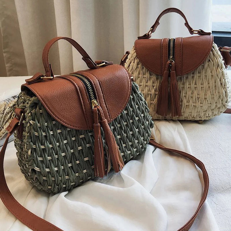 Vintage Tassel Saddle Rattan Women Shoulder Bag Casual Straw Purse