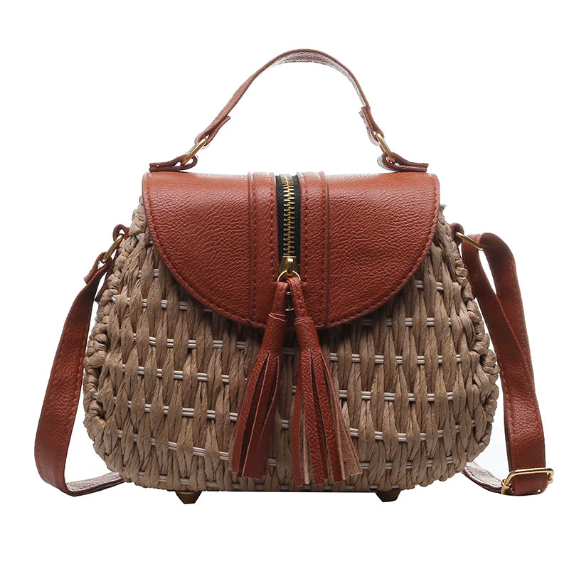 Vintage Tassel Saddle Rattan Women Shoulder Bag Casual Straw Purse