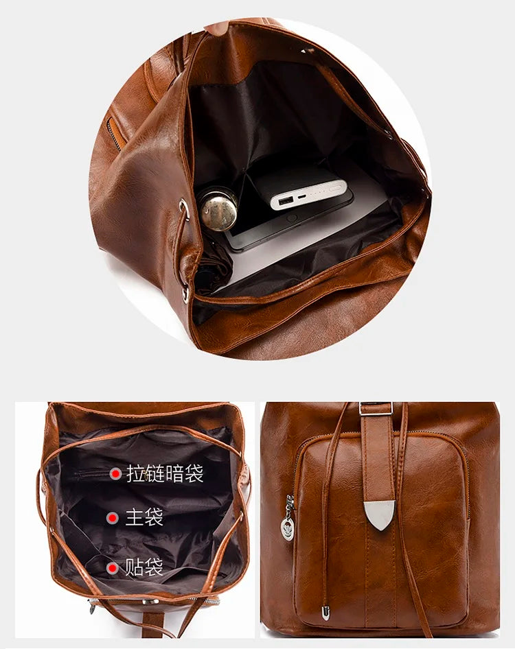 Vintage Women Backpack PU Leather Schoolbag for Teenage Girls Travel