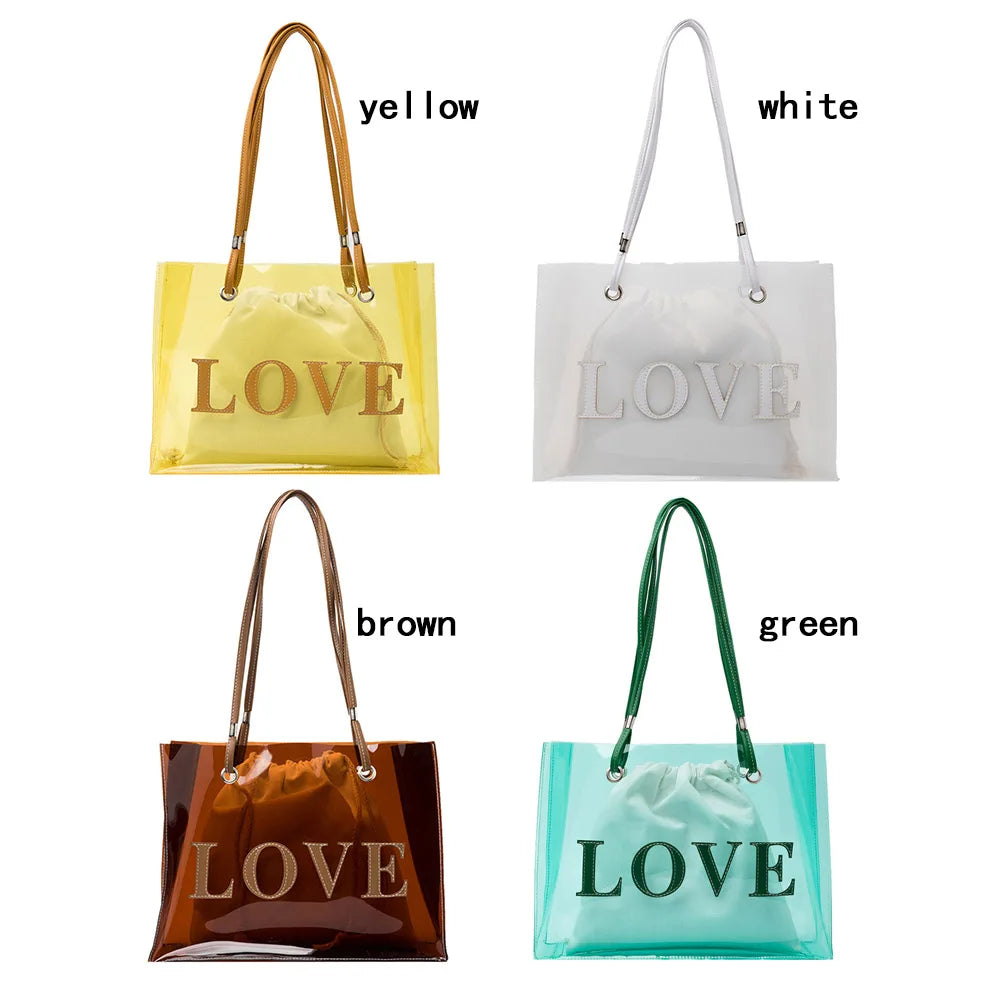 Vintage Women Clear Letters Shoulder Bag Drawstring Purse 2pcs Composite Bags