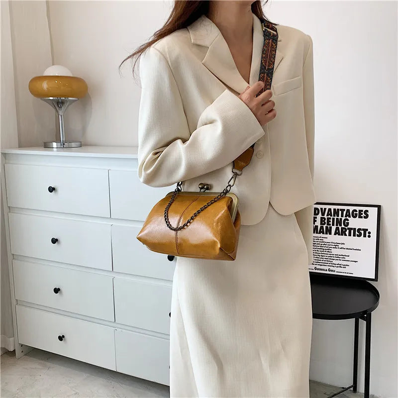 Vintage PU Leather Chain Tote Handbag Crossbody Bag