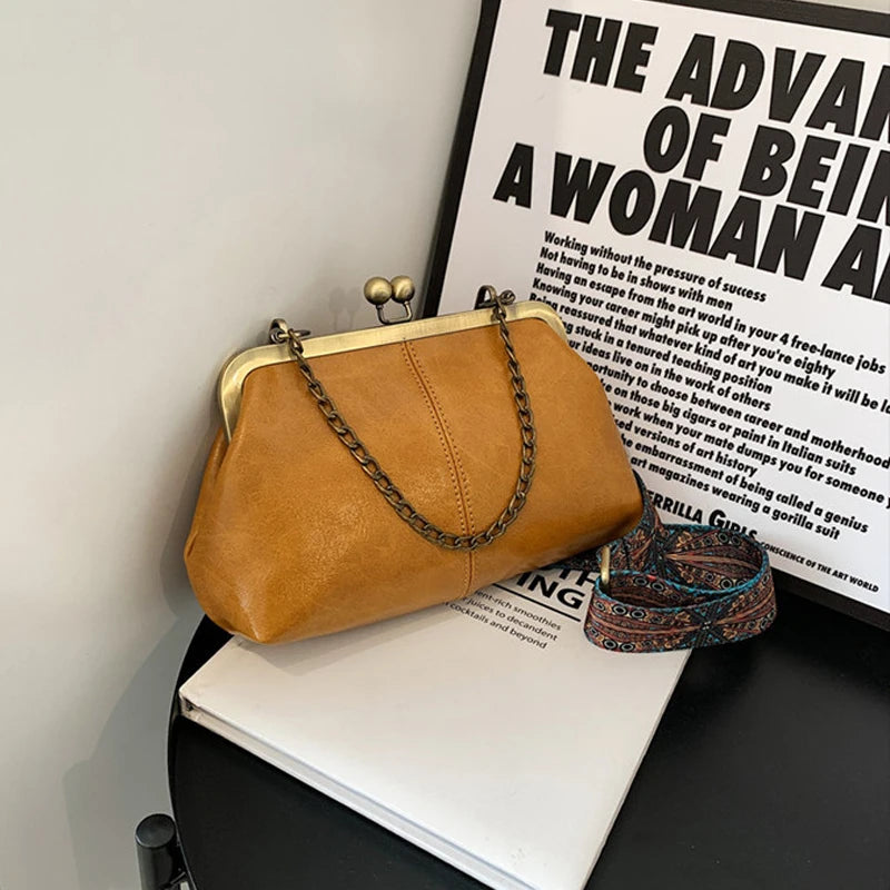 Vintage PU Leather Chain Tote Handbag Crossbody Bag