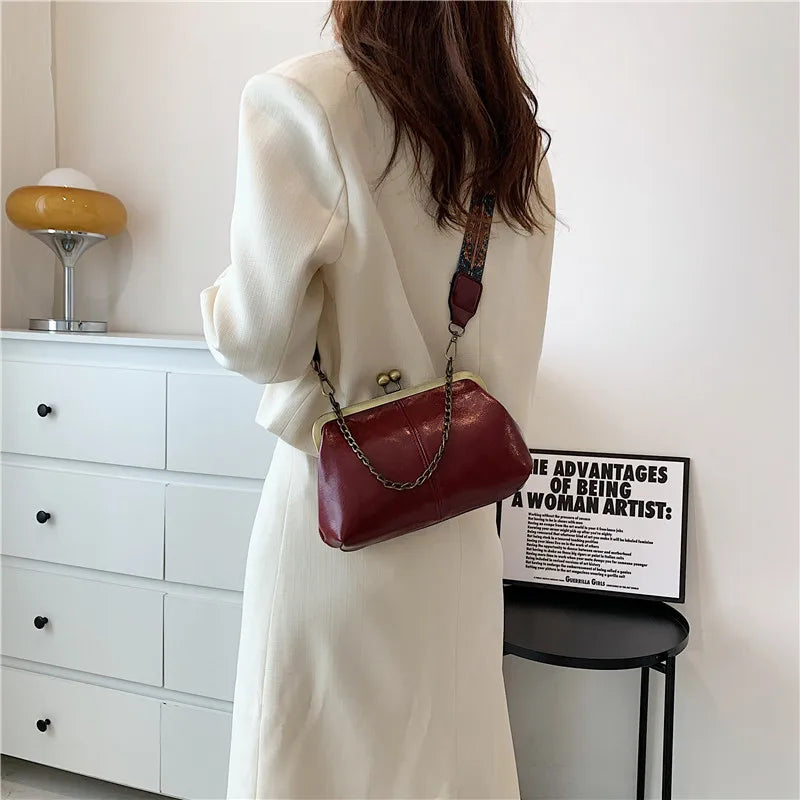 Vintage PU Leather Chain Tote Handbag Crossbody Bag