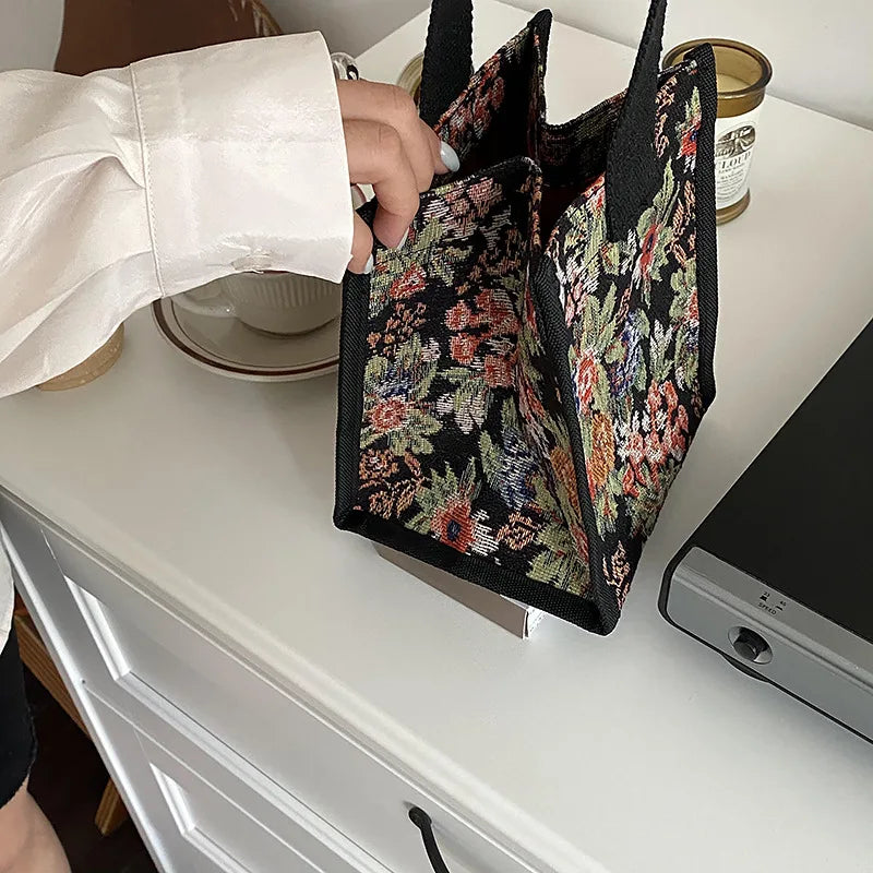 Vintage Floral Shoulder Bag Mini Square Canvas Tote Style Female Crossbody