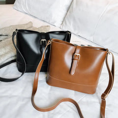 Vintage Women PU Leather Bucket Bag Shoulder Bag