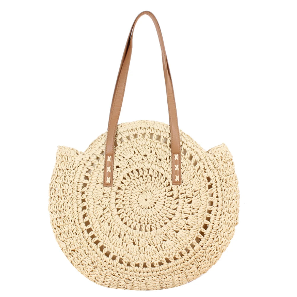 Vintage Women Straw Woven Round Shoulder Bag Beach Hollow Tote Bag