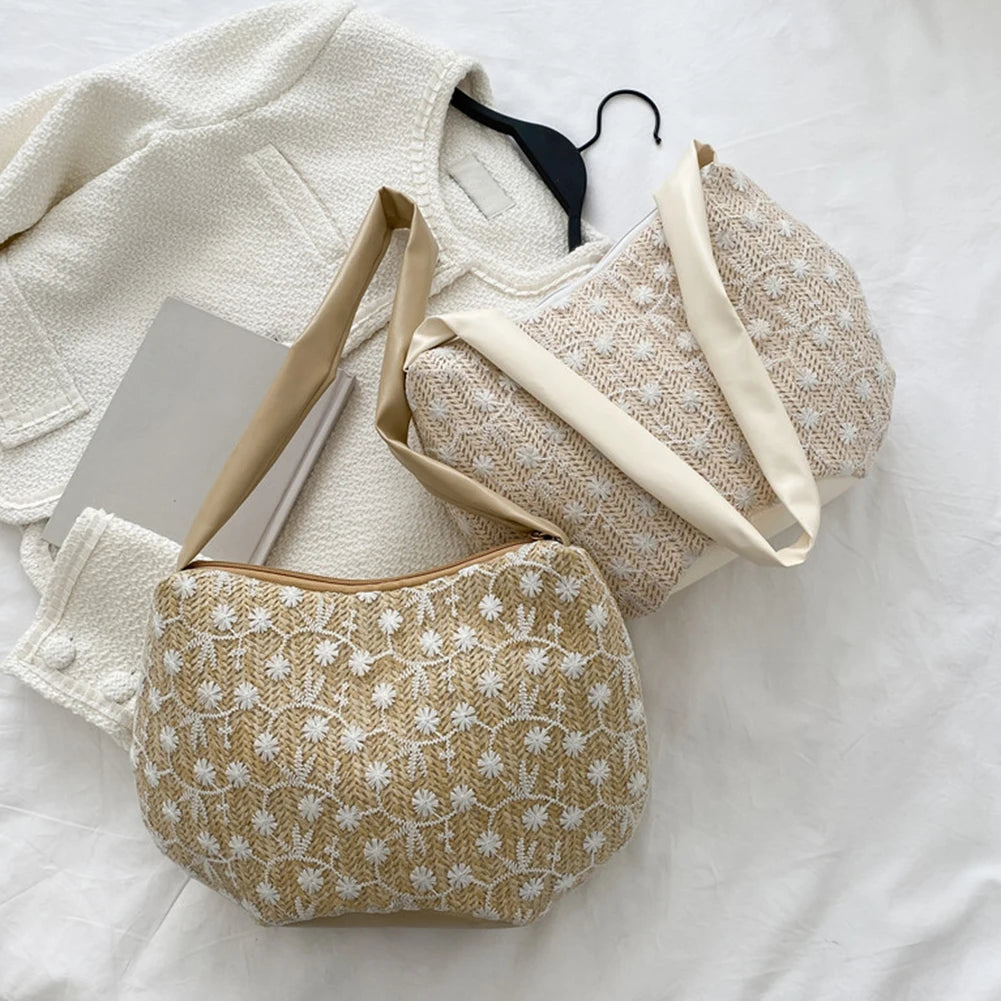 Vintage Woven Small Shoulder Underarm Bag Women Beach Vacation Mesh Flower Purse