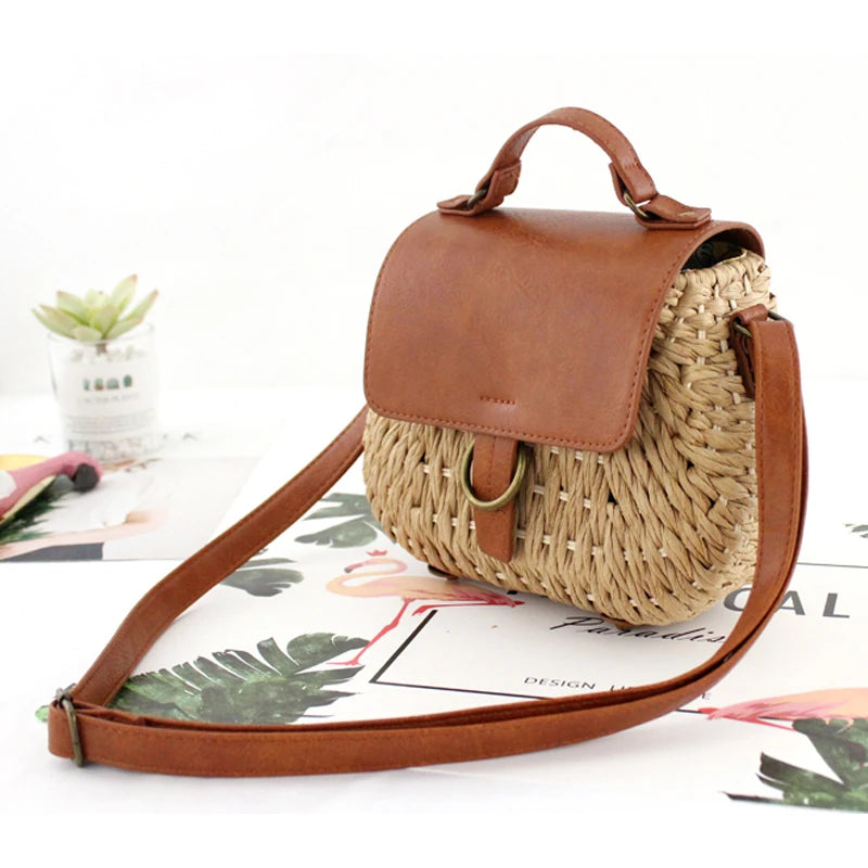 Vintage Straw Bag Pig Crossbody Beach Bag Casual Weaving Handbags