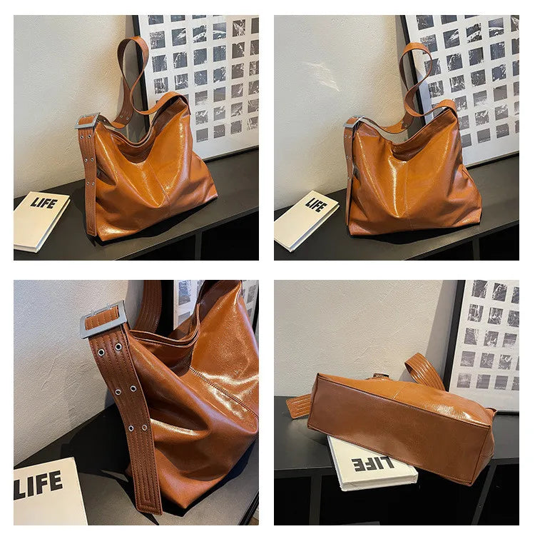 Vintage Bucket Shoulder Bag Large Capacity PU Leather Handbag