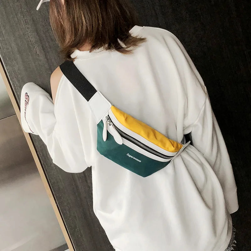 Canvas Waist Bag Women Leisure Panelled Pack For Girls
