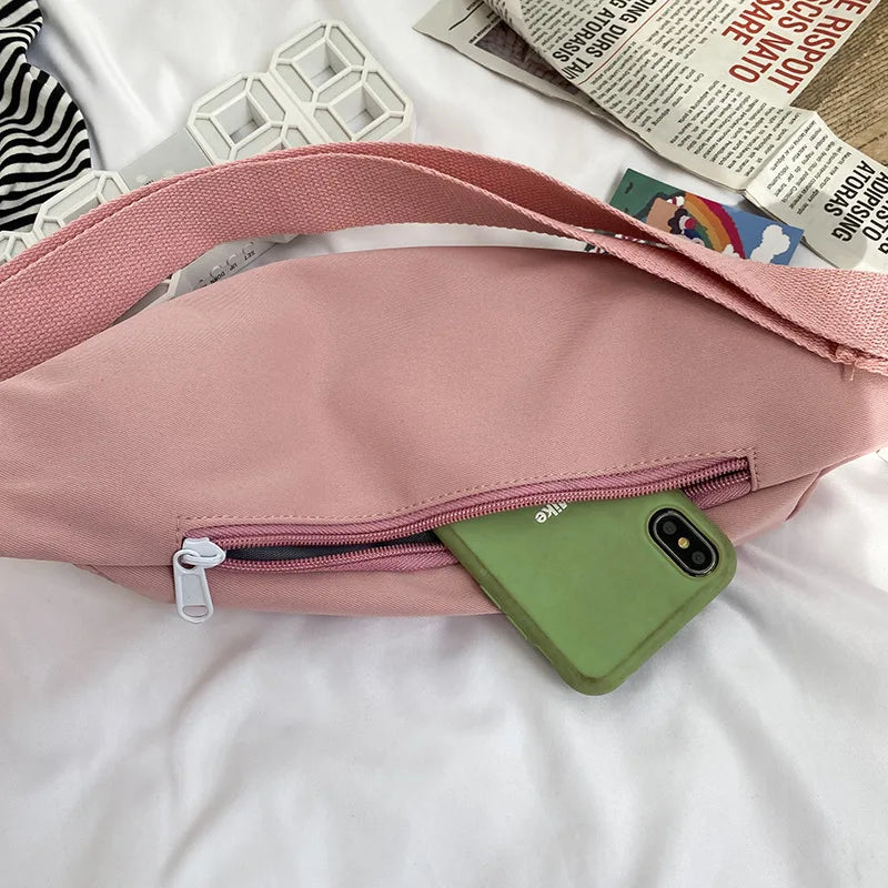 Canvas Waist Bag Women Solid Fanny Pack Girls Crossbody Chest Bag